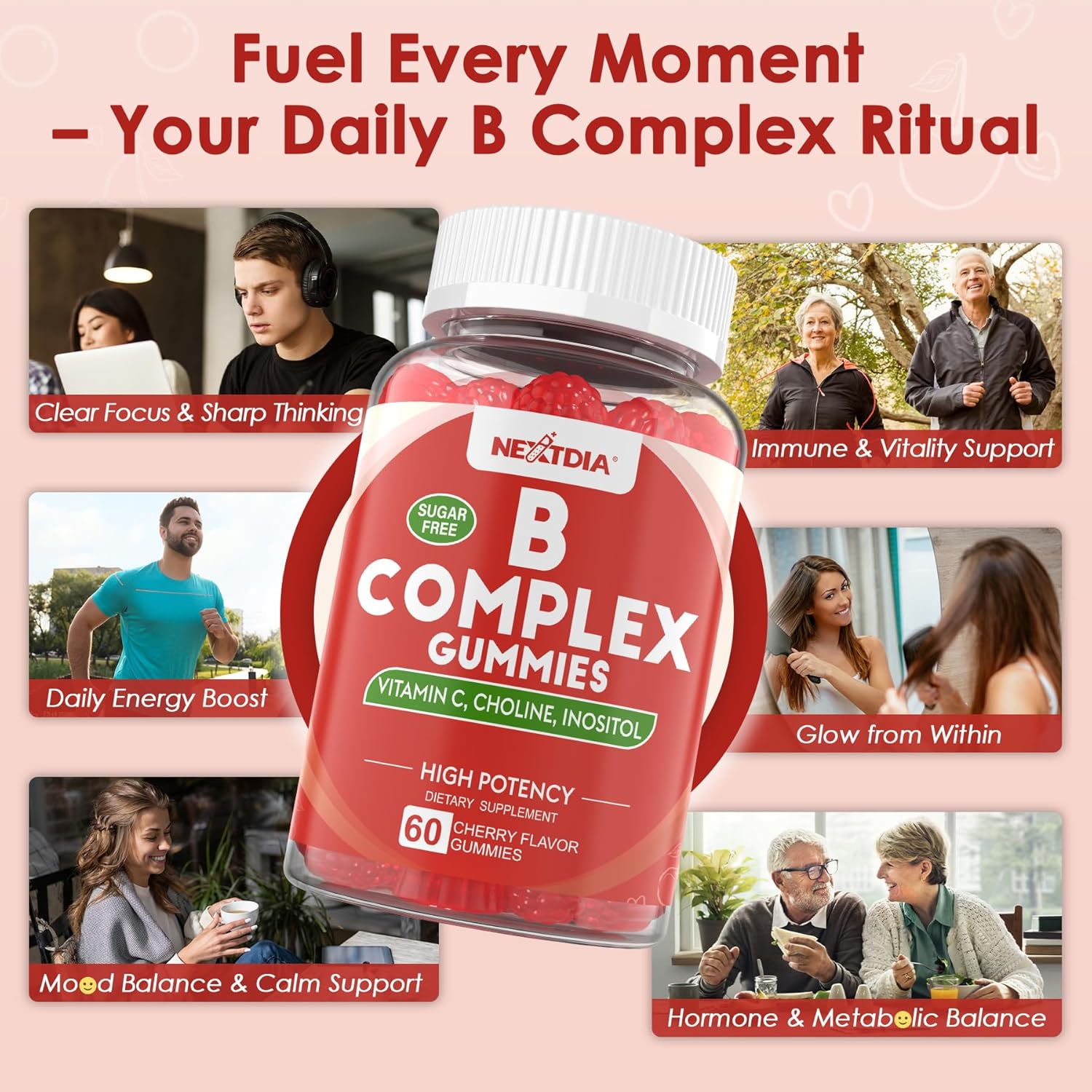 Vitamin B Complex Gummies, Vegan Vitamin B Gummies with 2000 mcg Methyl B12, Methyl Folate | Plus Choline + Inositol, Vitamin C + Zinc for Supports Energy, Mood, Immune, Healthy Hair, Skin - 60 Cts