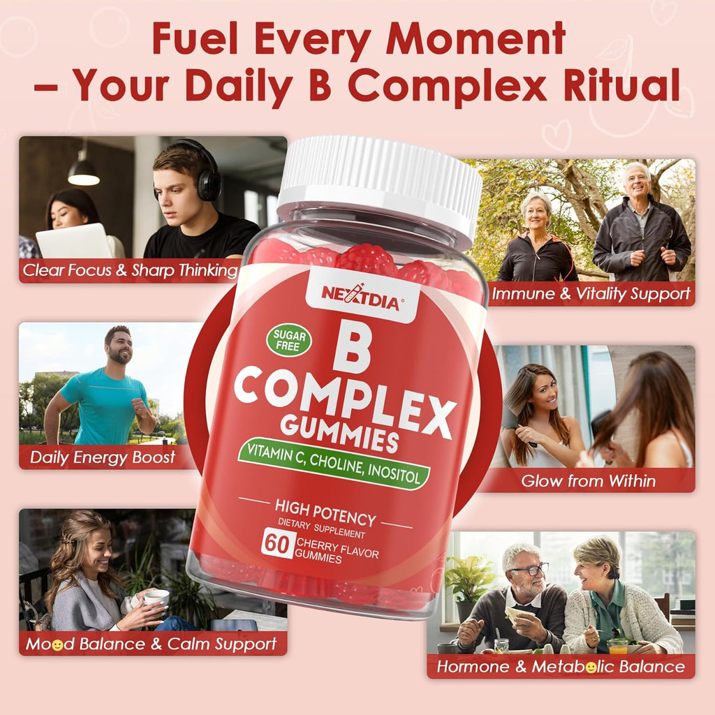 Vitamin B Complex Gummies, Vegan Vitamin B Gummies with 2000 mcg Methyl B12, Methyl Folate | Plus Choline + Inositol, Vitamin C + Zinc for Supports Energy, Mood, Immune, Healthy Hair, Skin - 120 Cts