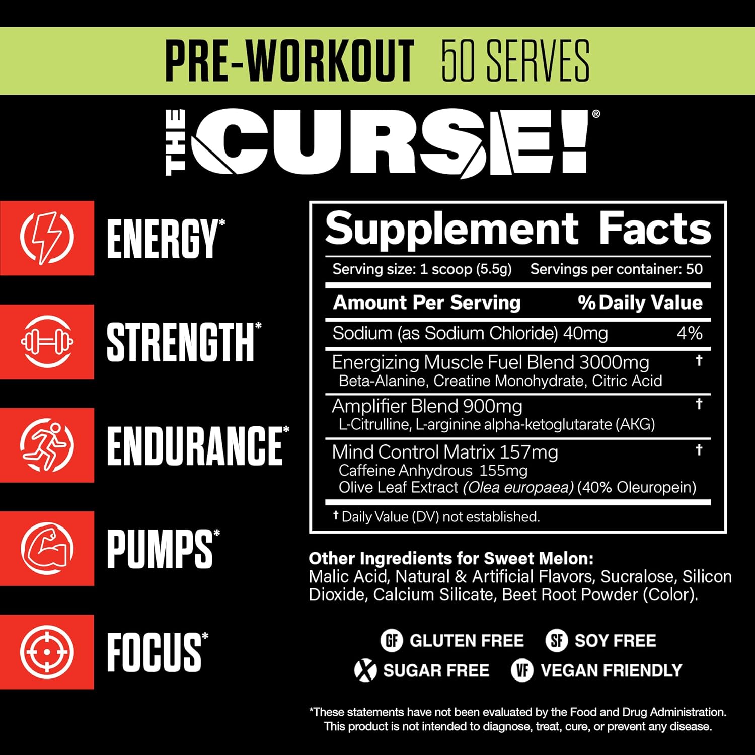 JNX SPORTS The Curse! Pre Workout Powder for Men & Women, Caffeine, Beta-Alanine, Creatine, L-Citrulline, 50 Servings, Sweet Melon Flavor – Boost Energy, Strength & Focus