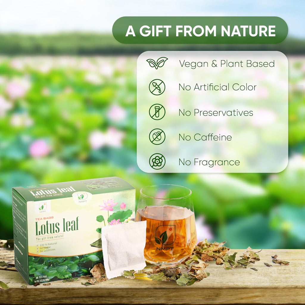 NMPT Dried Lotus Leaf Tea, 100% Hand Pick, Organic Herbal Tea, 50 Tea Bags, Gluten Free, Dairy Free, Sugar Free & 100% Natural, Energy Boost & Health Support