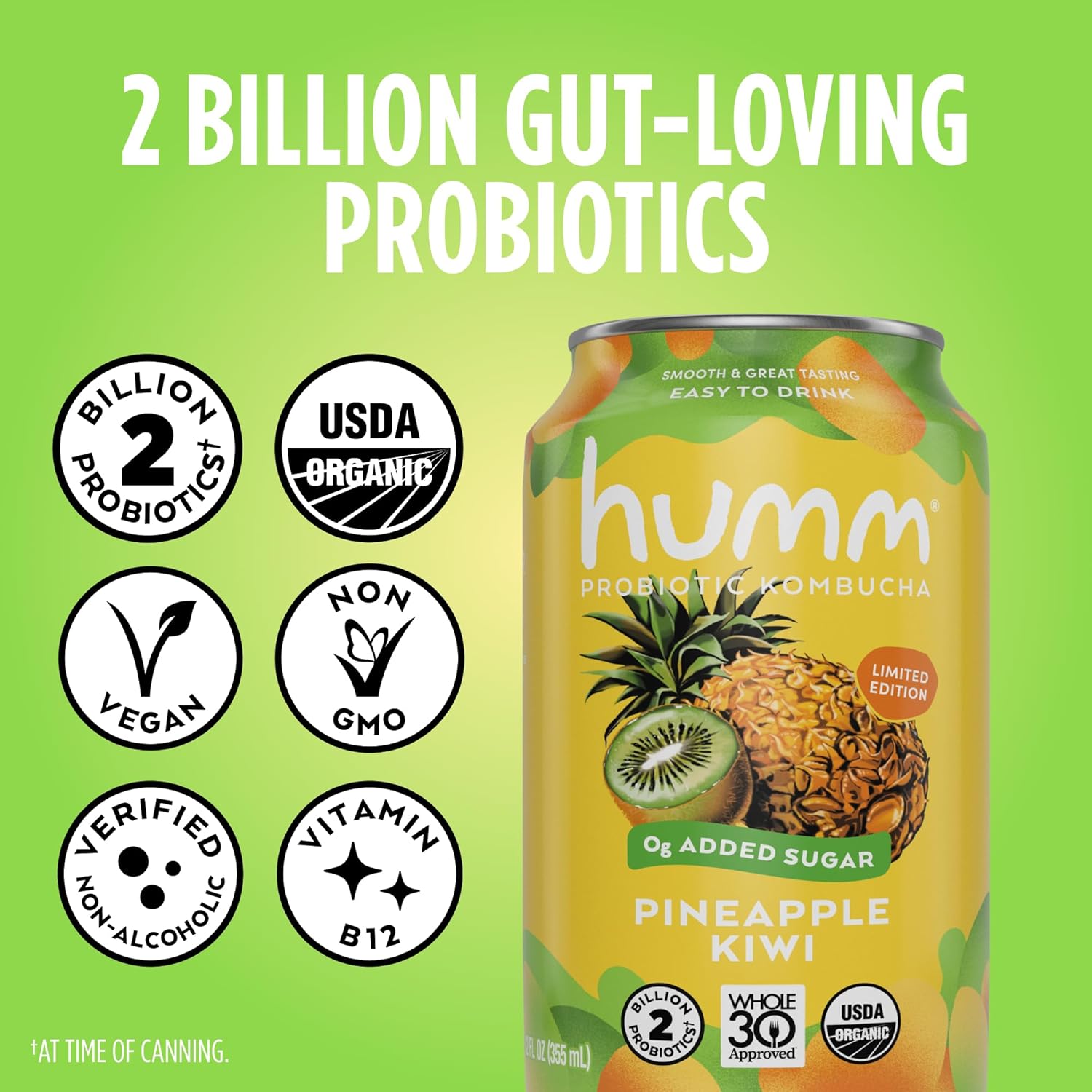 Humm Whole30 Approved Kombucha, Pineapple Kiwi, Organic, Vegan & GMO Free (24 Pack)