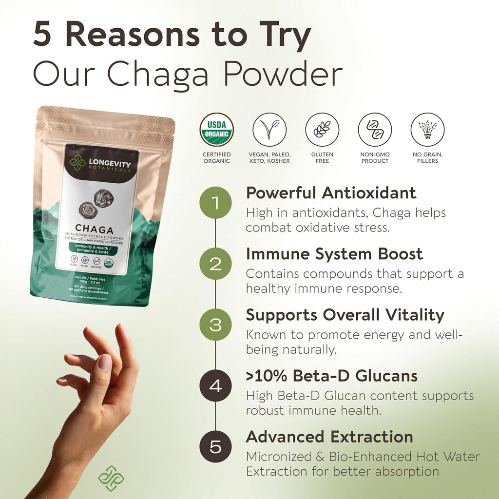 Longevity Botanicals Organic Chaga Mushroom Extract Powder 100g | Concentrated 10:1 Ratio | 100% Fruiting Bodies | Inonotus Obliquus Natural Supplement for Immune Function, Antioxidants & Vitality