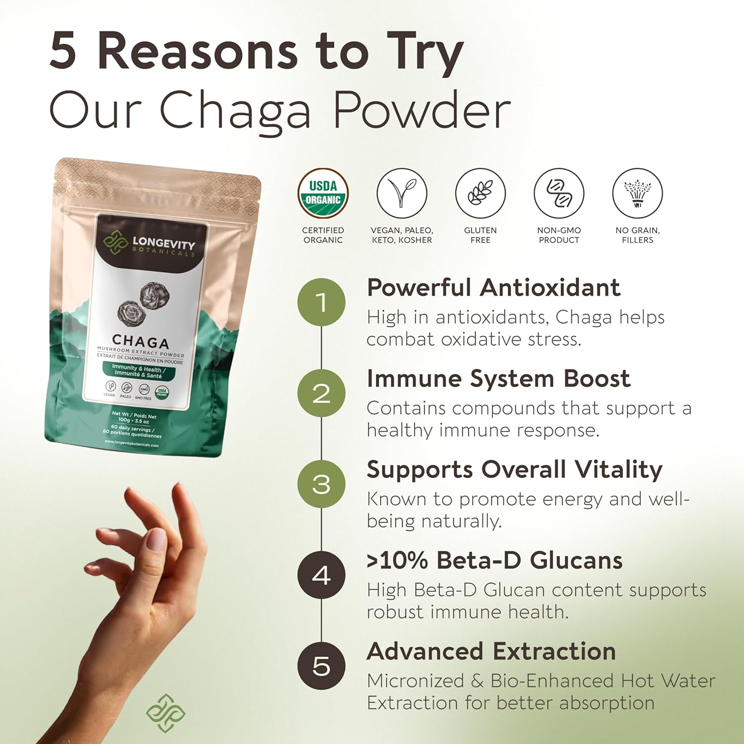 Longevity Botanicals Organic Chaga Mushroom Extract Powder 100g | Concentrated 10:1 Ratio | 100% Fruiting Bodies | Inonotus Obliquus Natural Supplement for Immune Function, Antioxidants & Vitality