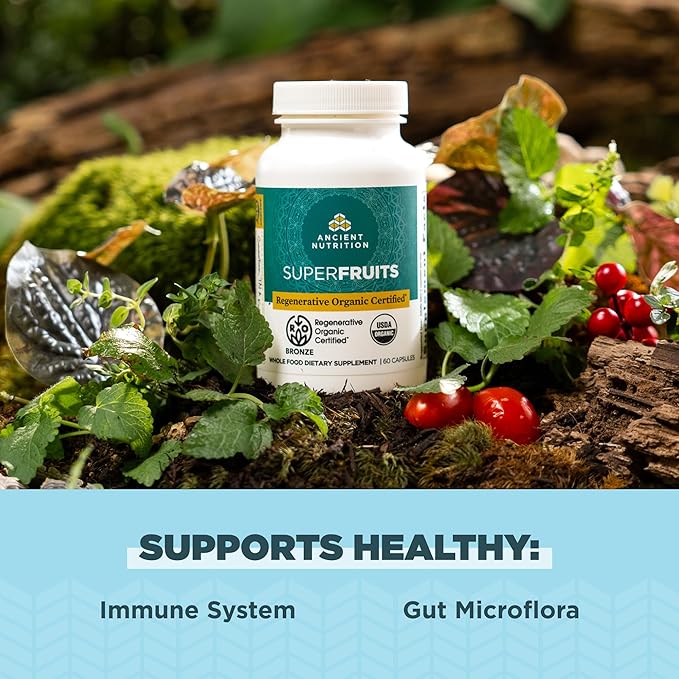 Ancient Nutrition Regenerative Organic Certified SuperFruits Capsules, Supports Gut and Immune System Health, Made with Probiotics, Dragonfruit, Mulberry, and Goji, 60 Count