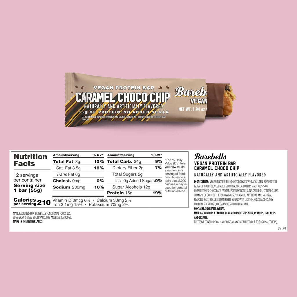 Barebells Protein Bars - Protein Snacks with High Protein - Chocolate Protein Bars - Perfect on The Go Protein Snack & Breakfast Bars (12 Count (Pack of 1), Plant Based - Caramel Choco Chip)