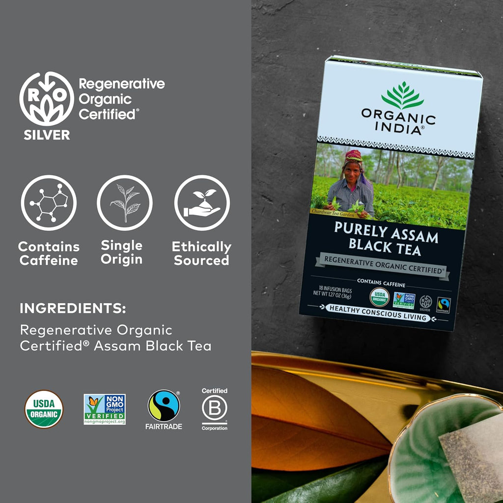 Organic India Purely Assam Black Tea - Caffeinated Herbal Tea Bags with Natural Assam Leaves, Enjoy with Milk & Sweetener, USDA Organic, Non-GMO, Fairtrade Certified - 18 Bags (Pack of 3)