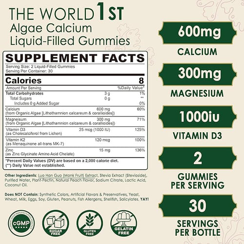 2 Pack - Plant Based Calcium Gummies 600mg with Vitamin D3 K2, Magnesium, Zinc for Bone Strength, Sugar Free Calcium Supplements for Women & Men (Certified Vegan) from Sustainably Organic Red Algae