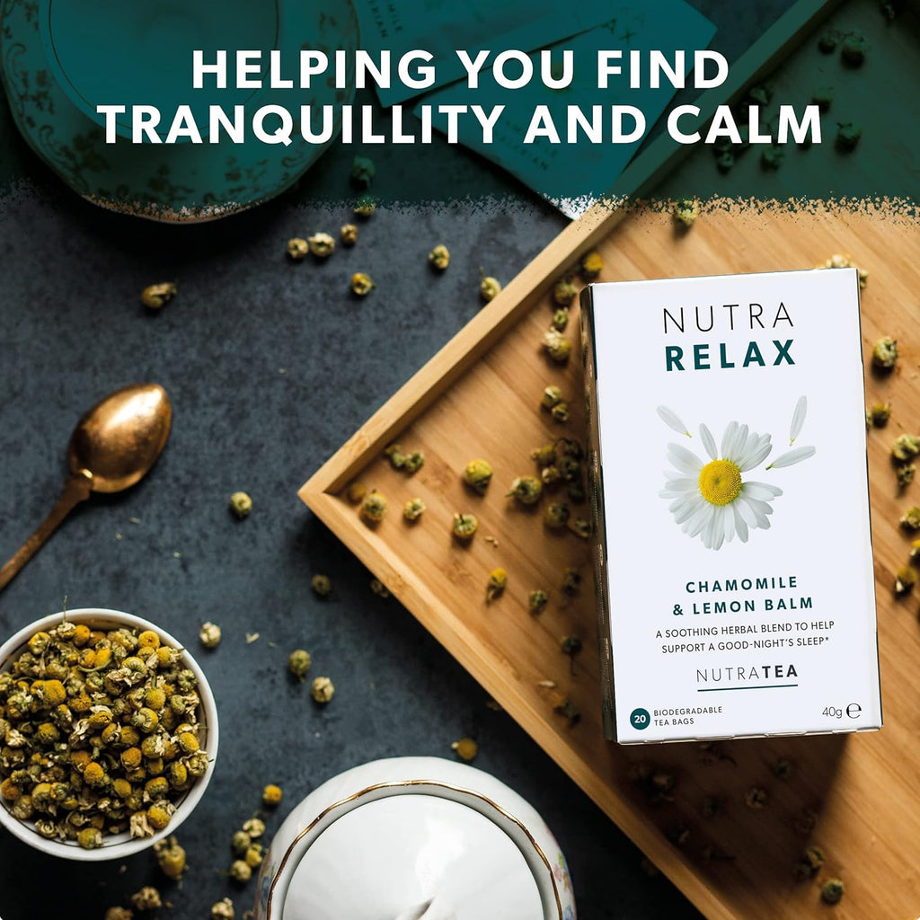 Nutra Tea NUTRARELAX - Sleep Tea | Stress Relief Tea | Calming Teas – For Relieving Stress & A Good Night’s Sleep – Includes Chamomile, Lemon Balm and Passionflower - 40 Individually Wrapped Bags - Herbal Teas (2 Pack)