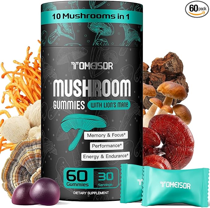 Lions Mane Mushroom Gummies for Adults, 10 in 1 Mushroom Supplement,Brain Supplements for Memory and Focus & Cognitive Performance,with Chaga, Reishi, etc. 60 Gummies,Individually Packaged