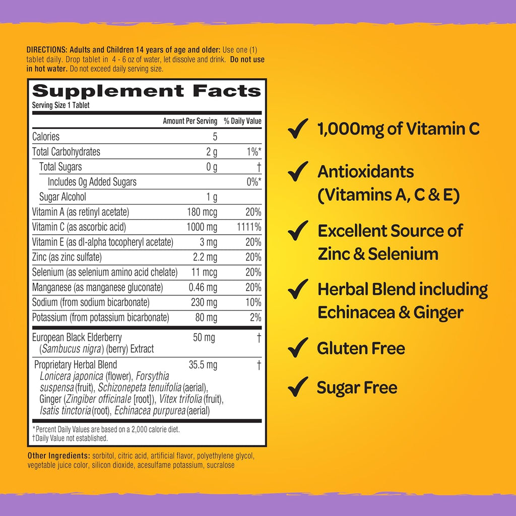 Airborne Elderberry Extract + Vitamin C 1000mg (per Serving) - Effervescent Tablets (20 Count in a Box), Gluten-Free Immune Support Supplement, with Vitamins A C E, Zinc, Selenium, Sugar Free
