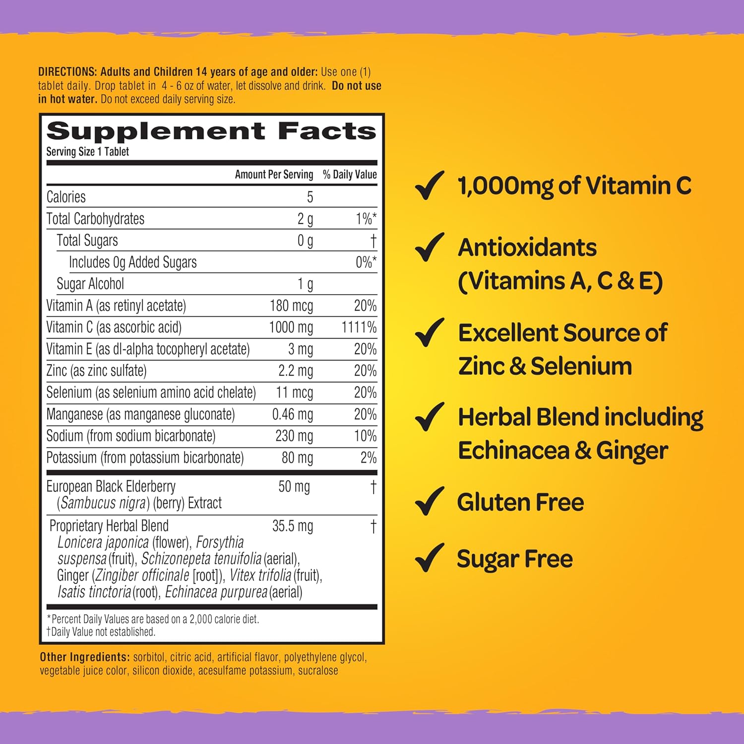 Airborne Elderberry Extract + Vitamin C 1000mg (per Serving) - Effervescent Tablets (20 Count in a Box), Gluten-Free Immune Support Supplement, with Vitamins A C E, Zinc, Selenium, Sugar Free