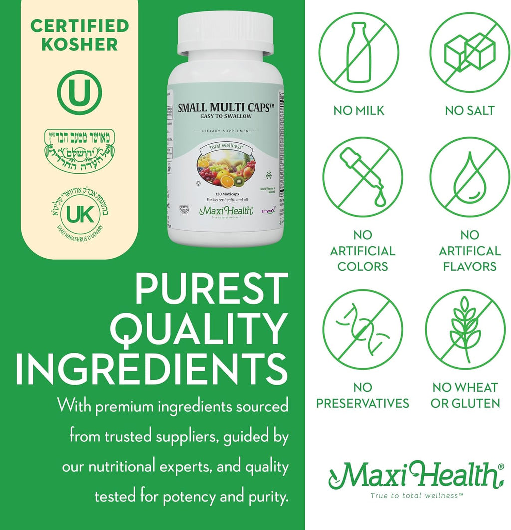 Maxi Health Multivitamin – Easy to Swallow Multi Vitamin Capsules with 30 Nutrients, Iron & Probiotics – Kosher Daily Multivitamins Small Capsules for Wellness Support & Digestive Ease (120 Units)
