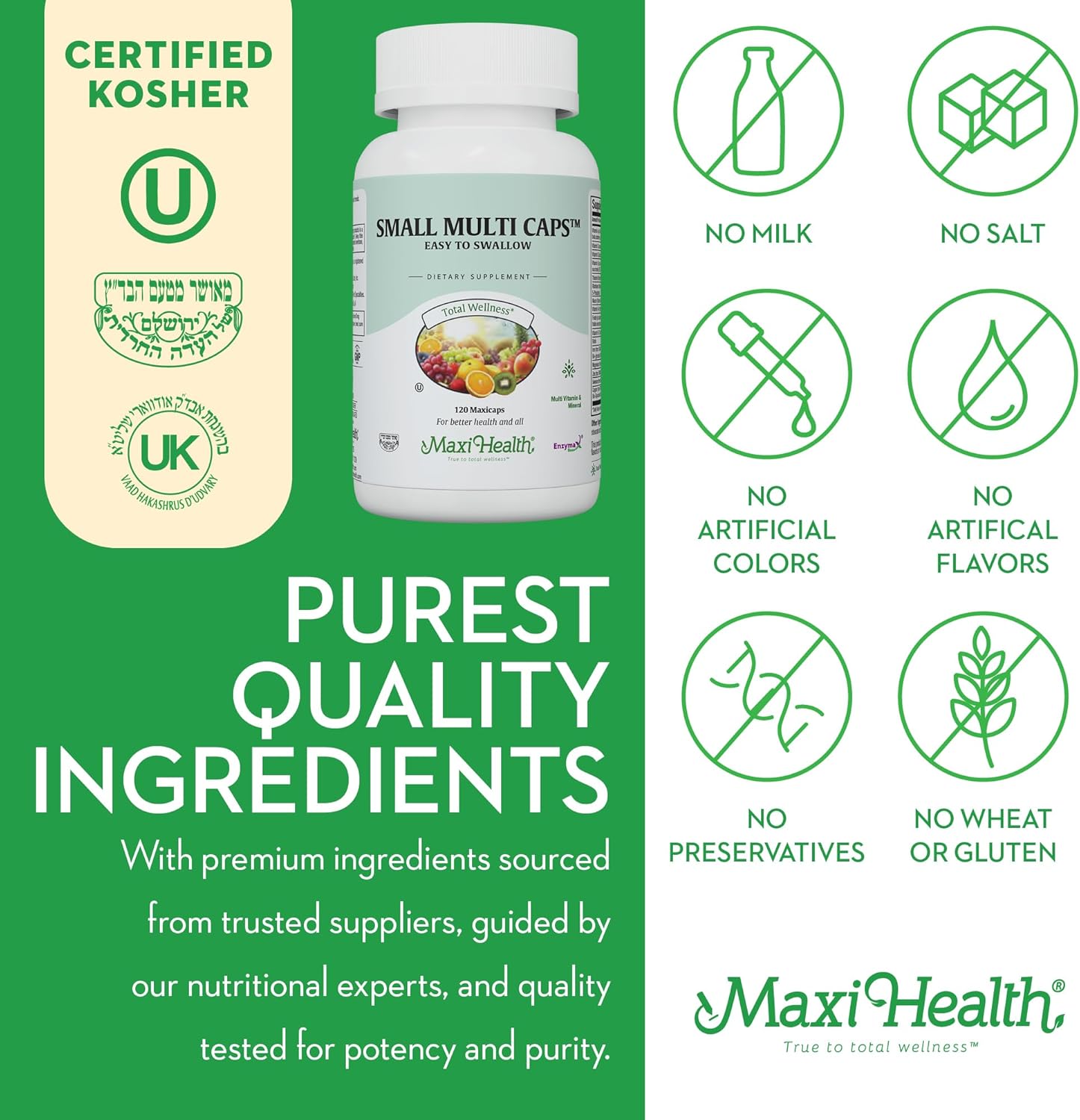 Maxi Health Multivitamin – Easy to Swallow Multi Vitamin Capsules with 30 Nutrients, Iron & Probiotics – Kosher Daily Multivitamins Small Capsules for Wellness Support & Digestive Ease (120 Units)