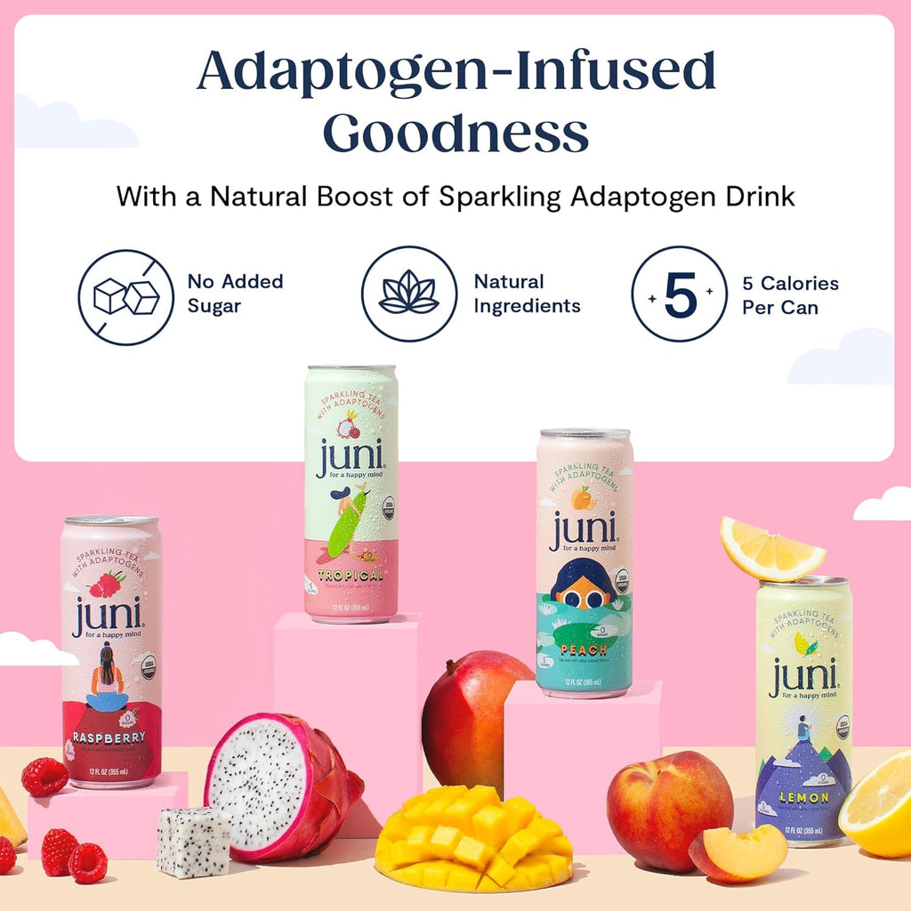 Juni Sparkling Adaptogen Drink with Ashwagandha, Lion’s Mane & Reishi Mushrooms | Green Tea for Focus, Zero Sugar, 5 Calories, Organic | Non Alcoholic Drinks - Tropical 12 pack