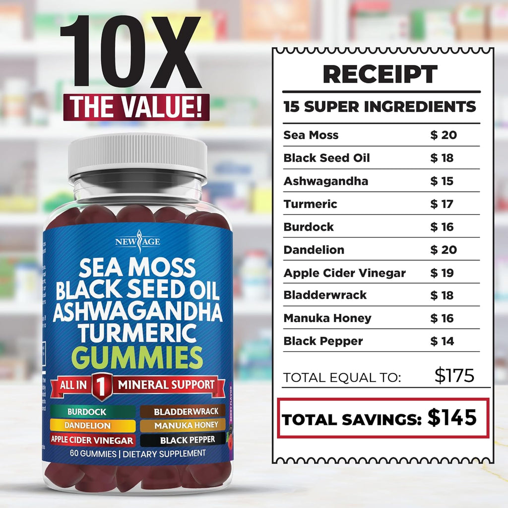 Sea Moss Gummies, Sea Moss, Black Seed, Ashwagandha, Turmeric, Manuka Honey, ACV, Dandelion, Black Pepper, Burdock, Bladderwrack, Vegan - 120 Count