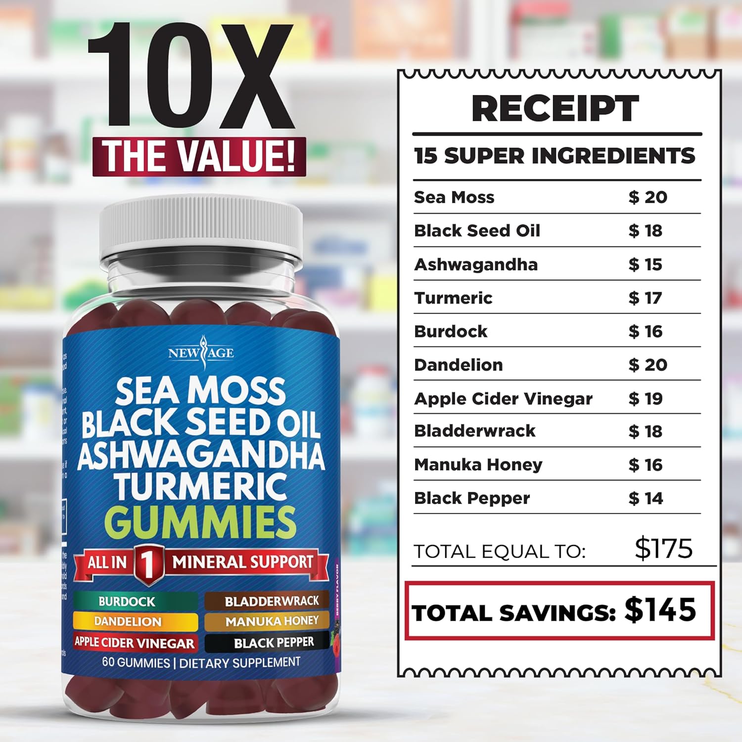 Sea Moss Gummies, Sea Moss, Black Seed, Ashwagandha, Turmeric, Manuka Honey, ACV, Dandelion, Black Pepper, Burdock, Bladderwrack, Vegan - 120 Count