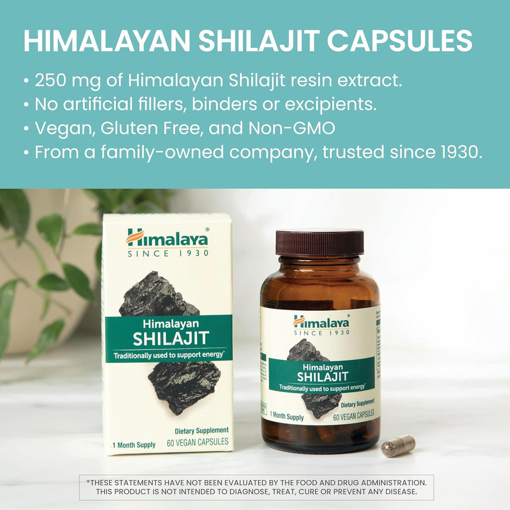 Himalaya Shilajit Extract Capsules, 60 Count, 250 mg Himalayan Shilajit Resin for Men and Women, Supports Energy