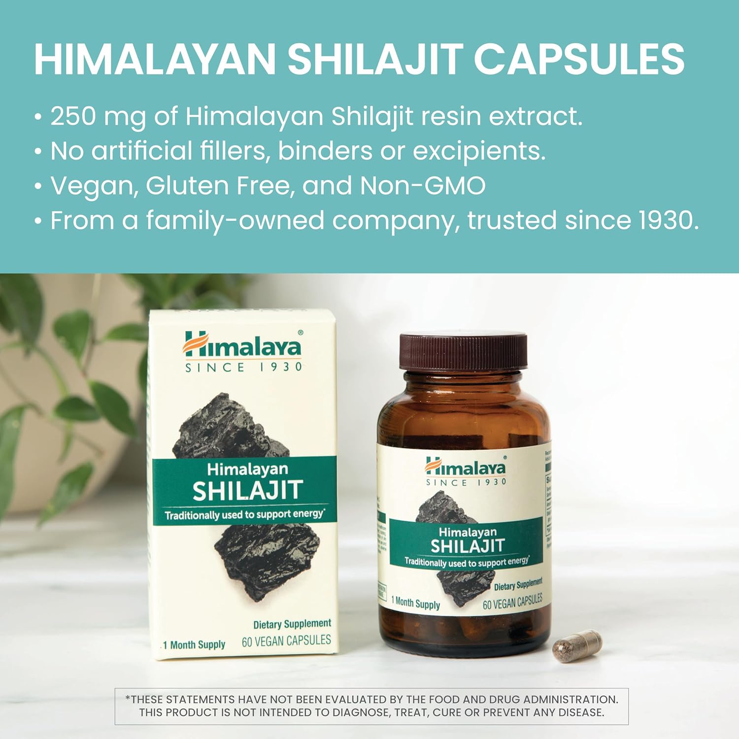 Himalaya Shilajit Extract Capsules, 60 Count, 250 mg Himalayan Shilajit Resin for Men and Women, Supports Energy