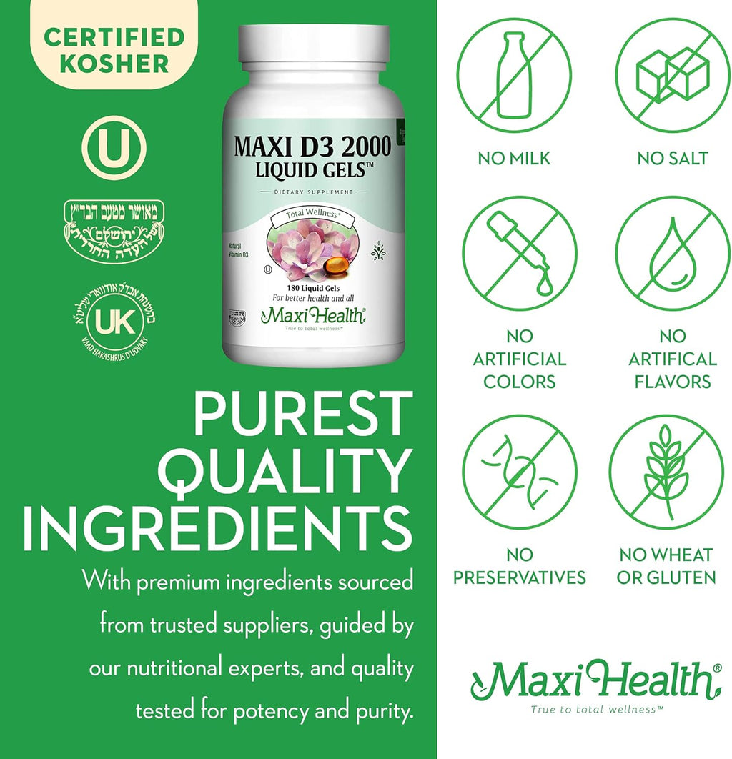 Maxi Health Kosher Vitamin D3 2000IU, Highly Absorbable Vitamin D Supplements for Healthy Immune Response, Calcium Absorption, Teeth & Bone Health - Vit D3 Vitamin 2000 IU - 180 Liquid Gels