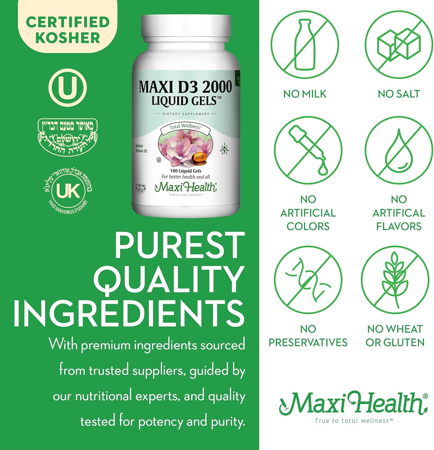 Maxi Health Kosher Vitamin D3 2000IU, Highly Absorbable Vitamin D Supplements for Healthy Immune Response, Calcium Absorption, Teeth & Bone Health - Vit D3 Vitamin 2000 IU - 180 Liquid Gels