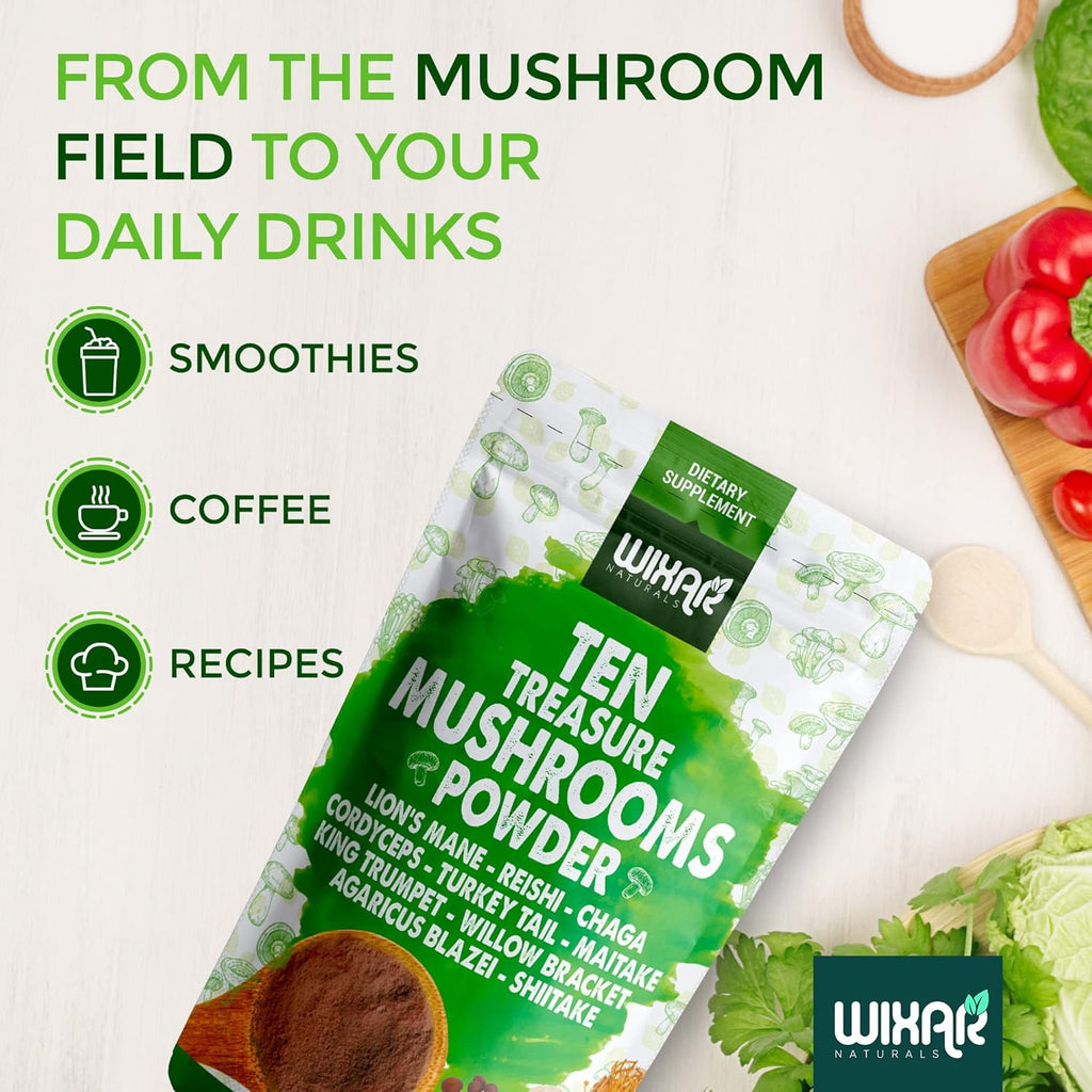 Wixar Mushroom Powder - Ten Treasure Mushrooms Extract Supplement Blend for Coffee & Smoothies - Lions Mane, Turkey Tail, Reishi, Chaga, Shiitake, Cordyceps, Complex - 4oz Mushroom Supplement