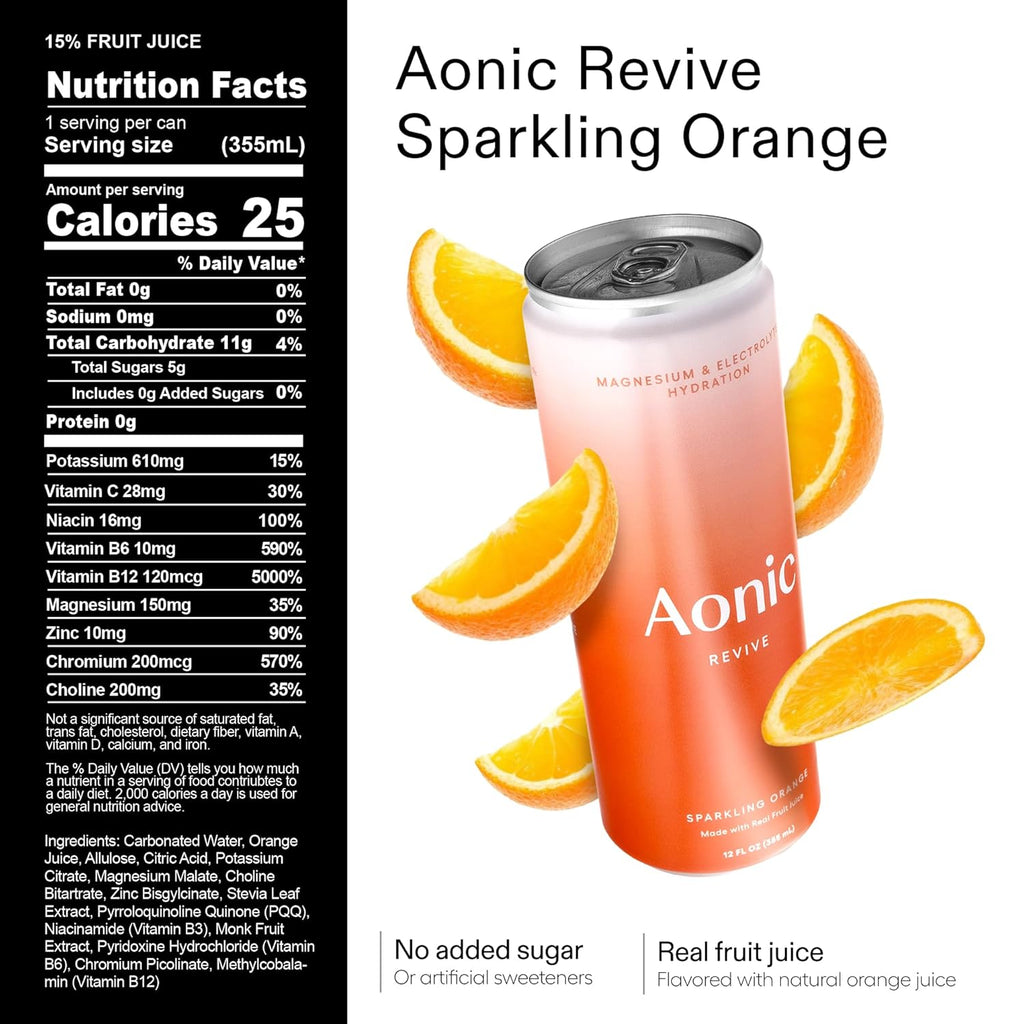 Aonic Revive Sparkling Orange – Hydration Drink with Magnesium & Potassium Electrolytes, Delicious Taste, Real Fruit Juice, 12oz (12 Pack)