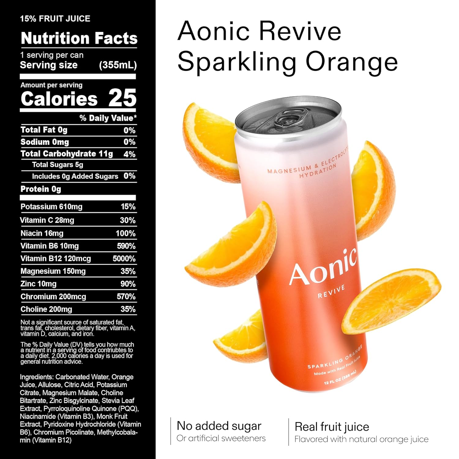 Aonic Revive Sparkling Orange – Hydration Drink with Magnesium & Potassium Electrolytes, Delicious Taste, Real Fruit Juice, 12oz (12 Pack)