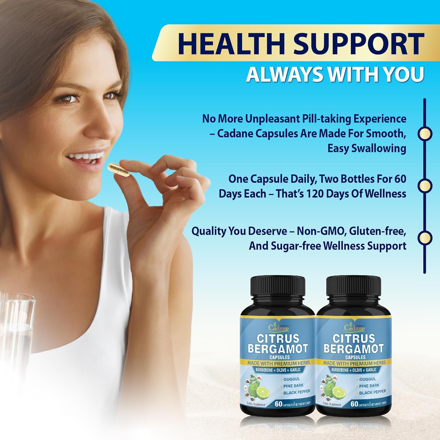 Organic Cadane 2 Packs Citrus Bergamot Extract Capsules with Berberine, Olive, Guggul, Garlic, Pine Bark, Black Pepper | 4 Months Supply