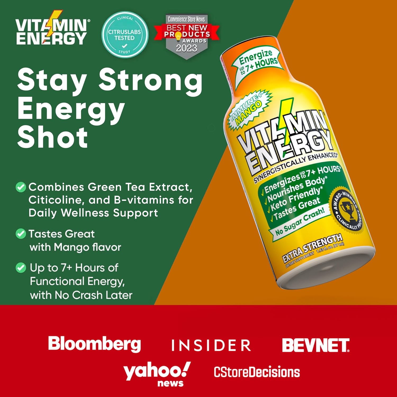 Vitamin Energy Immune+ Extra Strength Energy Shot Mango 8 Pack, 260mg Natural Caffeine, B-Vitamins, Citicoline, Green Tea, Immunity & Focus Support, Zero Sugar, Gluten-Free 1.93 fl oz