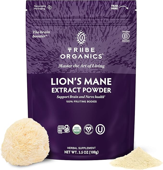 TRIBE ORGANICS Lion’s Mane Powder - Organic Mushroom Extract Powder - Immune System Booster & Brain Nootropic for Focus and Memory - Natural Energy and Immunity - 100g Pouch - 100 Servings