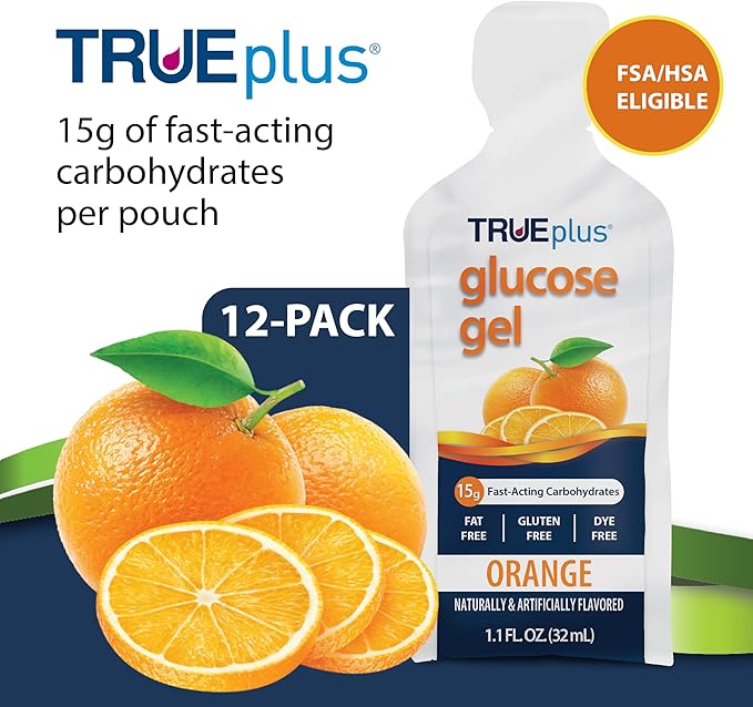 TRUEplus Glucose Gel Pouch, Orange Flavor, 15g Fast-Acting Carbohydrates, Fat Free, Gluten Free, Quick Support for Low Blood Sugar and Energy, 12 Pack