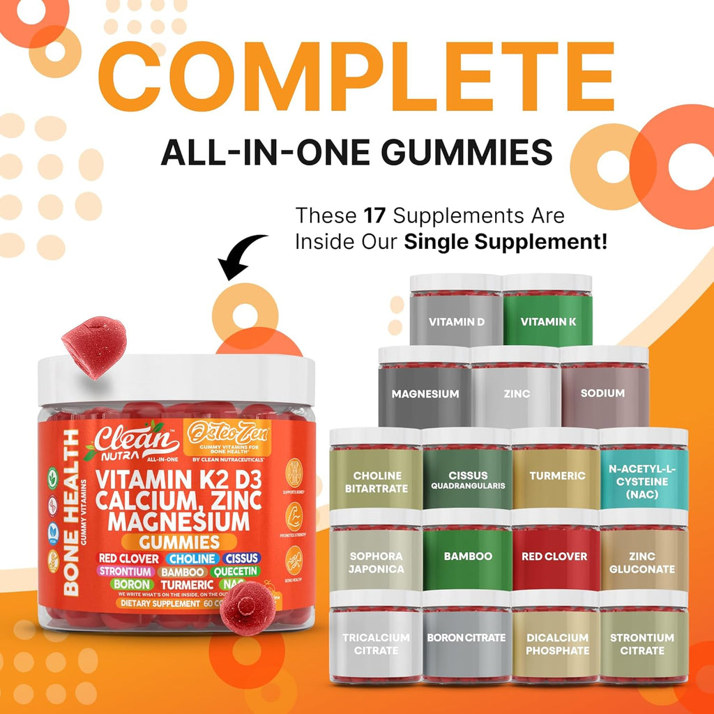 Osteo Zen Vitamin D3 K2 Gummies Bone Support Magnesium Zinc Calcium Quercetin Boron Choline Red Clover Turmeric 60 Count Tangerine Tang Flavor for Skeletal Strength & Resilience by Clean Nutra