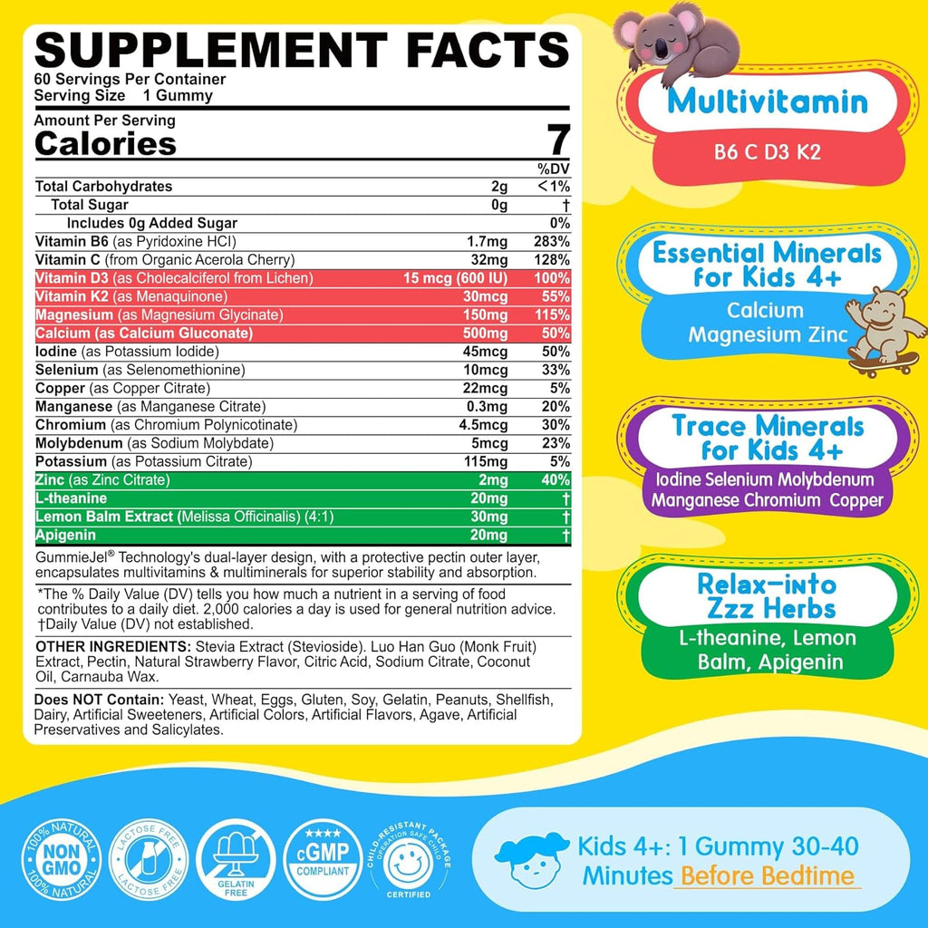 Kids Magnesium Glycinate | Calcium | Zinc, Nighttime Mineral + Multivitamin Filled Gummies, No Melatonin | Vitamin D3 K2 | Relax Happy, Bone, Bedtime Supplement, Only Need 1 Gummy - Sweet Dream Magic