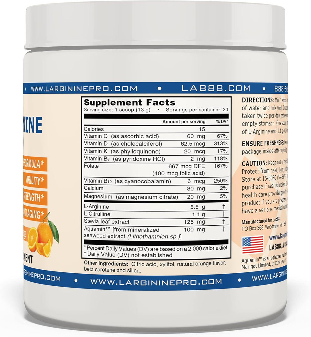 L-ARGININE PRO | 5,500mg L-Arginine Plus L-Citrulline 1,100mg Grape & Orange Powder Drink Mix Supplement for Increased Nitric Oxide Production