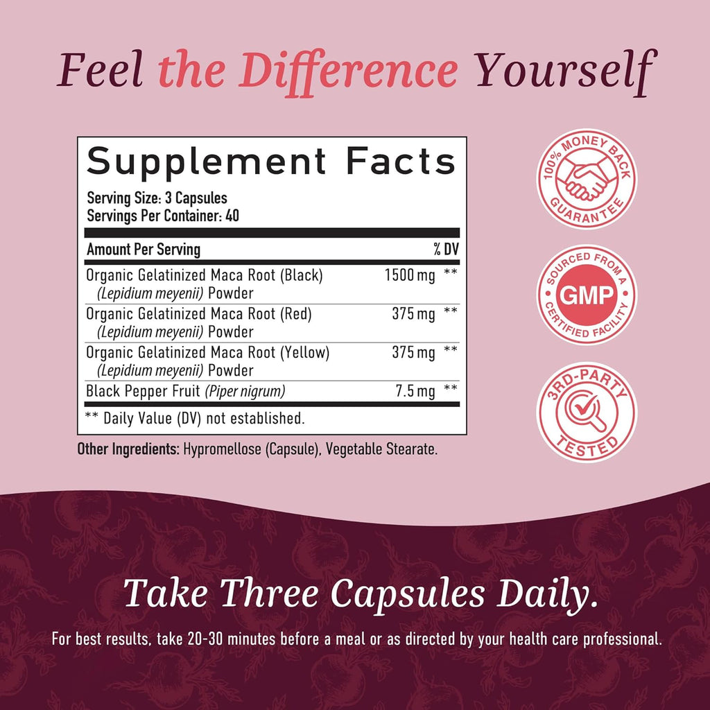 Organic Maca Root Capsules for Women | Peruvian Maca 2250MG Extra Strength | Red, Black & Yellow Root Powder with Black Pepper | Herbal Supplement to Support Energy & Hormone Balance | 120 Ct