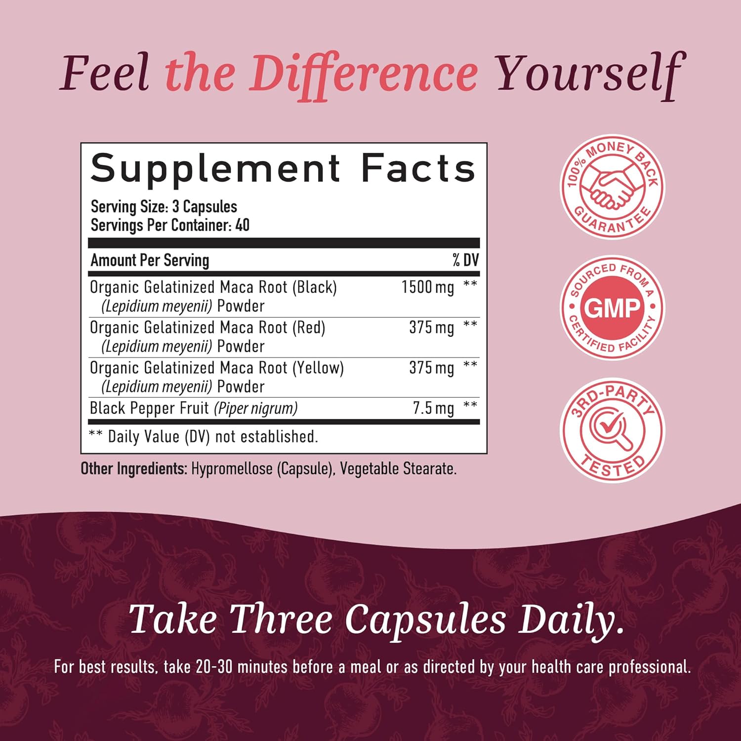 Organic Maca Root Capsules for Women | Peruvian Maca 2250MG Extra Strength | Red, Black & Yellow Root Powder with Black Pepper | Herbal Supplement to Support Energy & Hormone Balance | 120 Ct