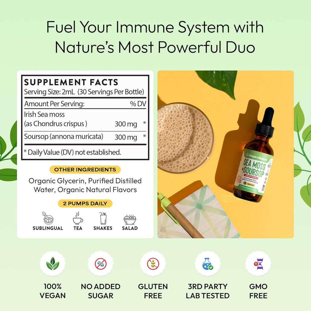 Soursop with Sea Moss Liquid Supplement – More Concentrated Than Sea Moss Gel – Easily Mix with Drinks – Soursop Bitters Liquid Drops for Hydration and Immune Support (Lemon Lime, 60mL)
