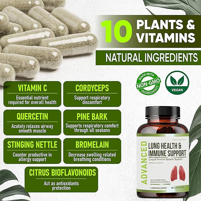 Lung Health & Immune Support Supplement - Lung Cleanse and Detox With Immunity Vitamins For Better Lungs, Immune Defense, Clear Lungs & Deep Breathing Including Quercetin & Cordyceps.Two Months Supply