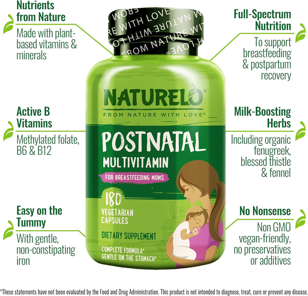 NATURELO Postnatal Multivitamin - Supplement for Breastfeeding Women - Plant-Based Vitamin D, Folate, Gentle Iron - for Nursing Mother, Baby - Post Natal Lactation Support 180 Capsules