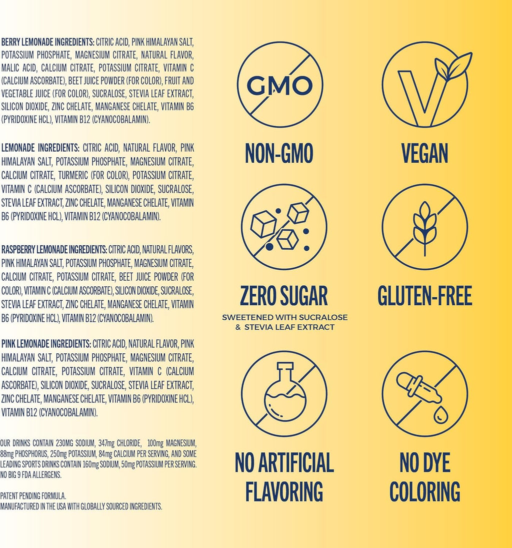 TREVI™ Sugar Free Electrolytes - Drink Mix Hydration Powder Packets - 28 Count - Lemonade Variety Pack - Lemonade, Pink Lemonade, Raspberry Lemonade, Berry Lemonade