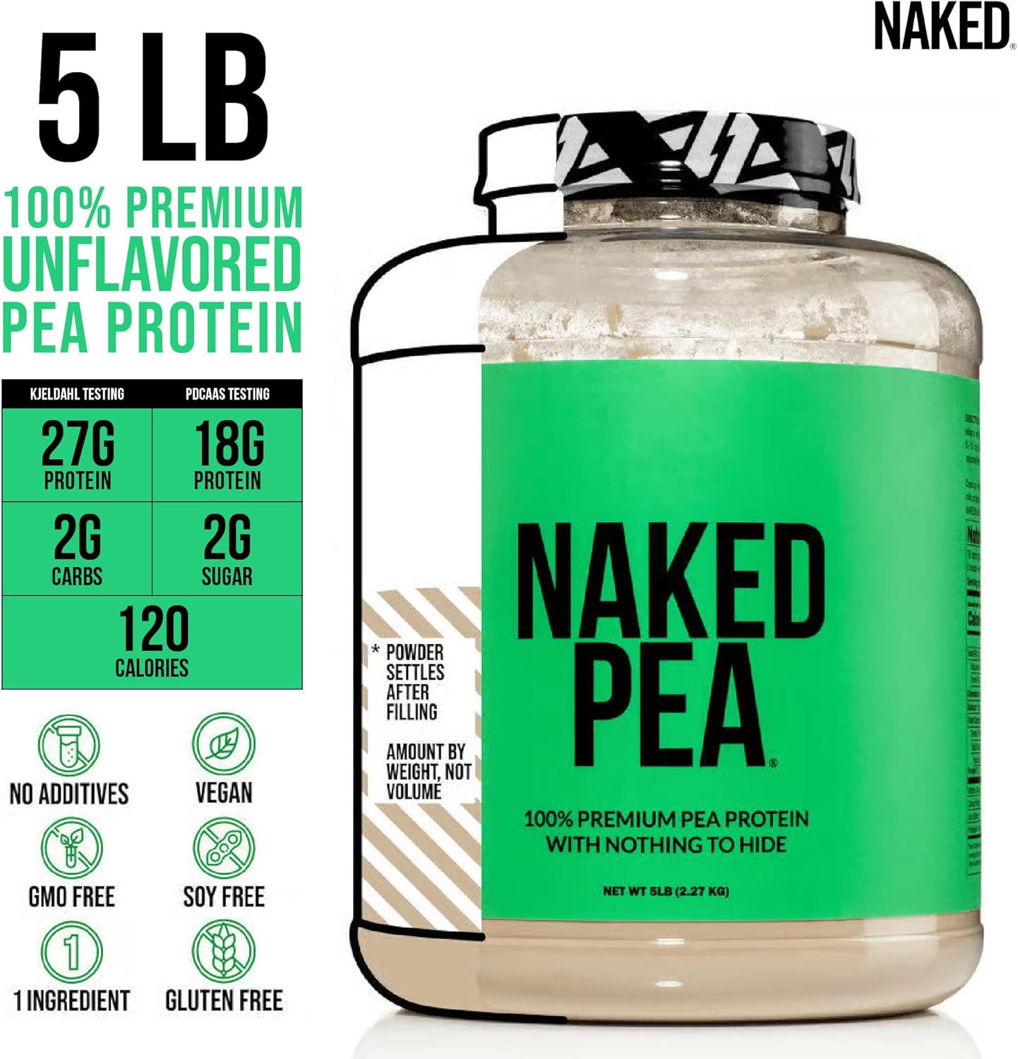 NAKED Pea - 5LB 100% Pea Protein Powder from North American Farms - Unflavored Vegan Pea Protein Isolate - Plant Protein Powder, Easy to Digest - 76 Servings