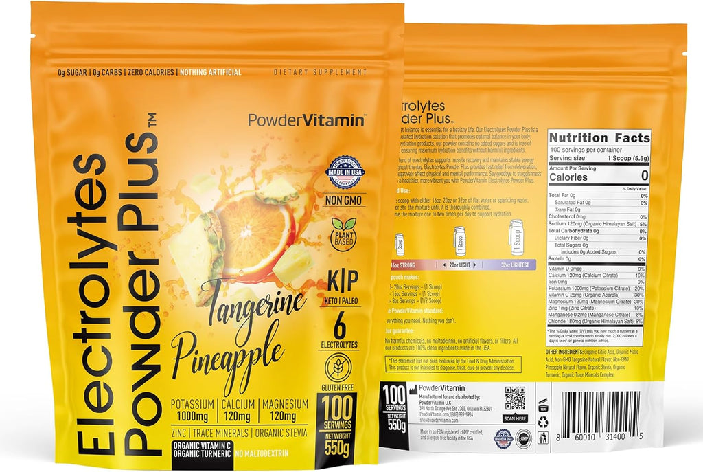 PowderVitamin Electrolytes Powder Plus (100 Servings) Tangerine Pineapple Electrolyte Powder Zero Calorie Keto,0Sugar, No Maltodextrin,1000mg Potassium,120mg Calcium,120mg Magnesium, Hydration Powder