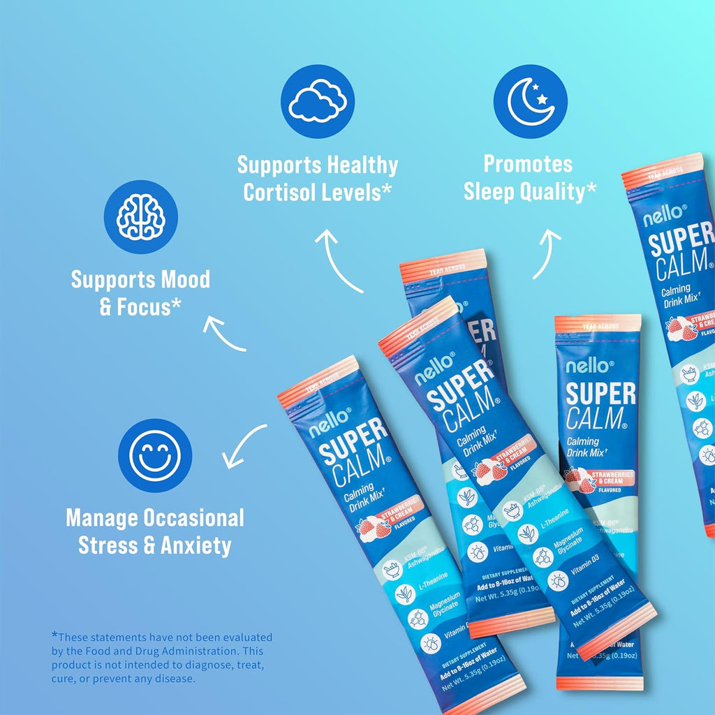 Supercalm Drink Mix - Ashwagandha KSM 66, Magnesium Glycinate & L-Theanine Supplement, Vitamin D3 - Ashwagandha Root Extract - Focus and Relaxation Support (20 Travel Packets) - Strawberries & Cream