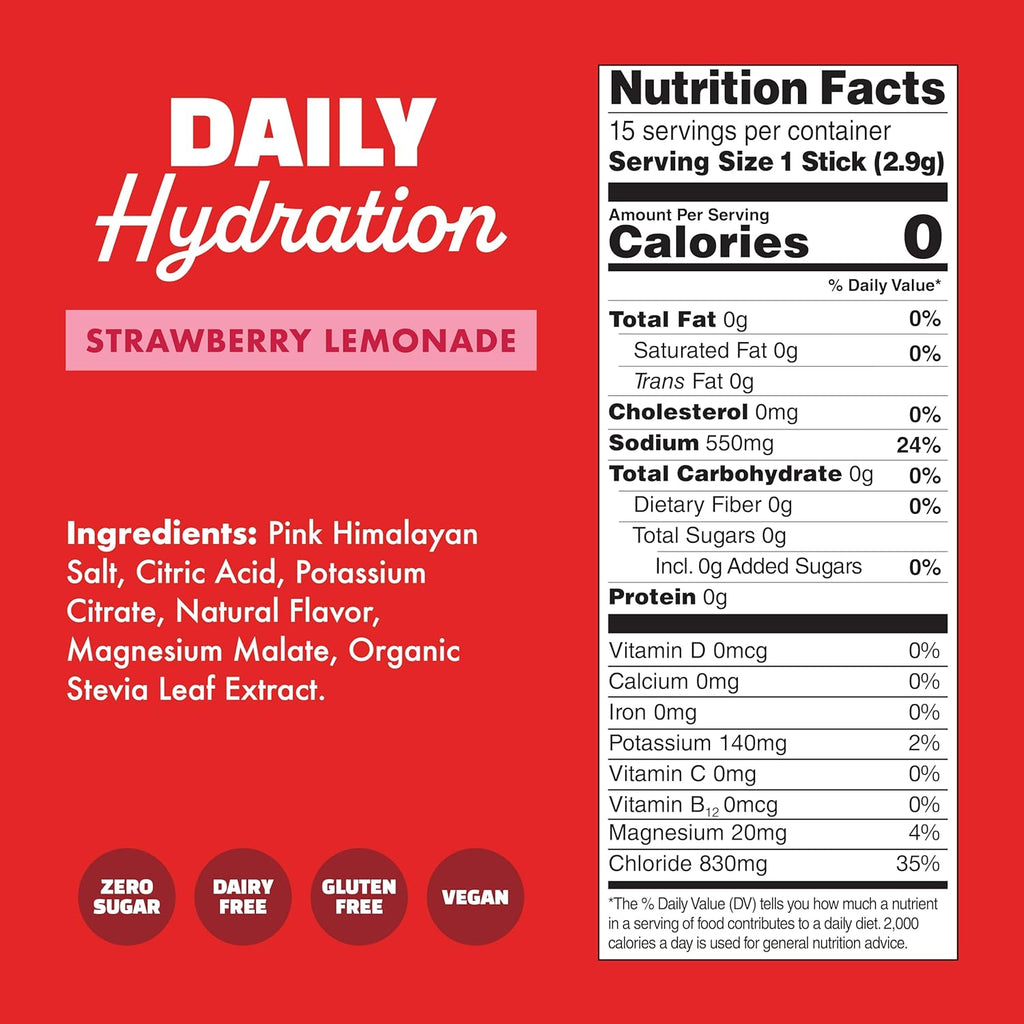 Waterboy Daily Hydration | 1,570mg Electrolyte Powder Packets | No Sugar, All Natural, Gluten Free, Zero Calories | 15 Drink Stick Mixes (Strawberry Lemonade)