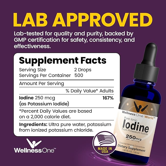 WellnessOne Iodine Drops for Thyroid Support - Fast Acting Liquid Iodine Supplement from Potassium Iodide - Great for Immunity & Cognition & Maximizes Iron Absorption - 1.67 fl oz