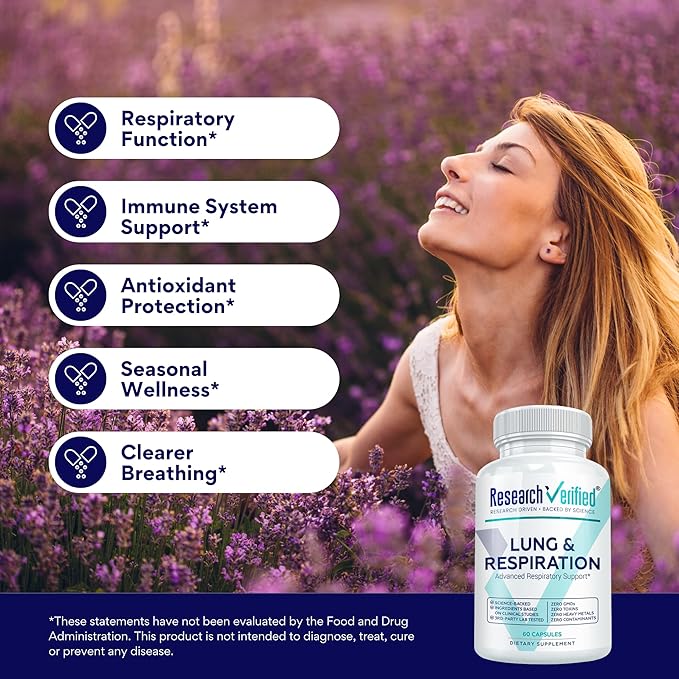 Research Verified Lung and Respiration - Seasonal Allergy and Sinus Support - Vitamin A, C & D, Quercetin, Nettle Leaf Extract - 60 Capsules - Made in The USA