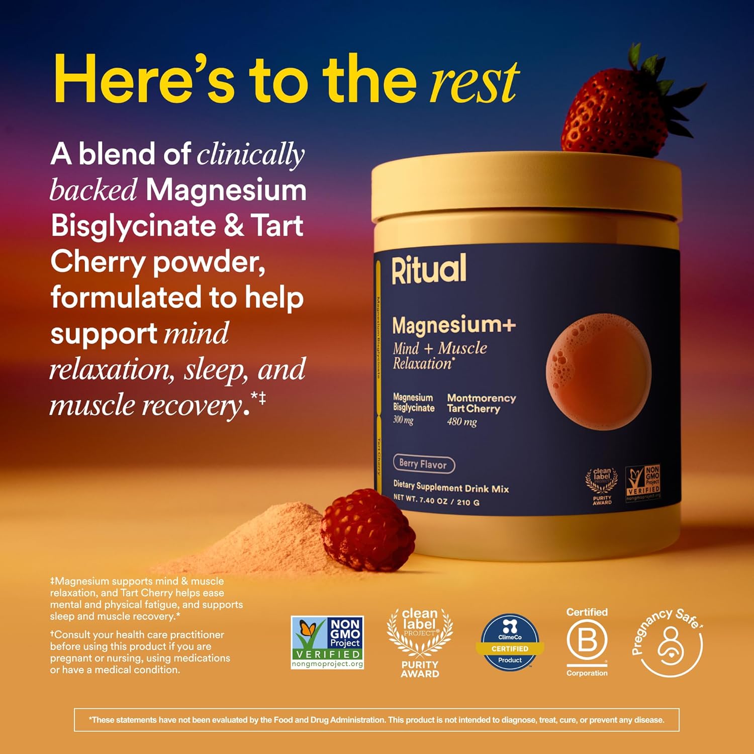Ritual Magnesium+ Drink Mix Supplement | 2-in-1 Science-Backed Tart Cherry & Gentle on Stomach Magnesium Bisglycinate | Formulated for Mind & Muscle Relaxation | Supports Sleep & Calm | 30 Servings