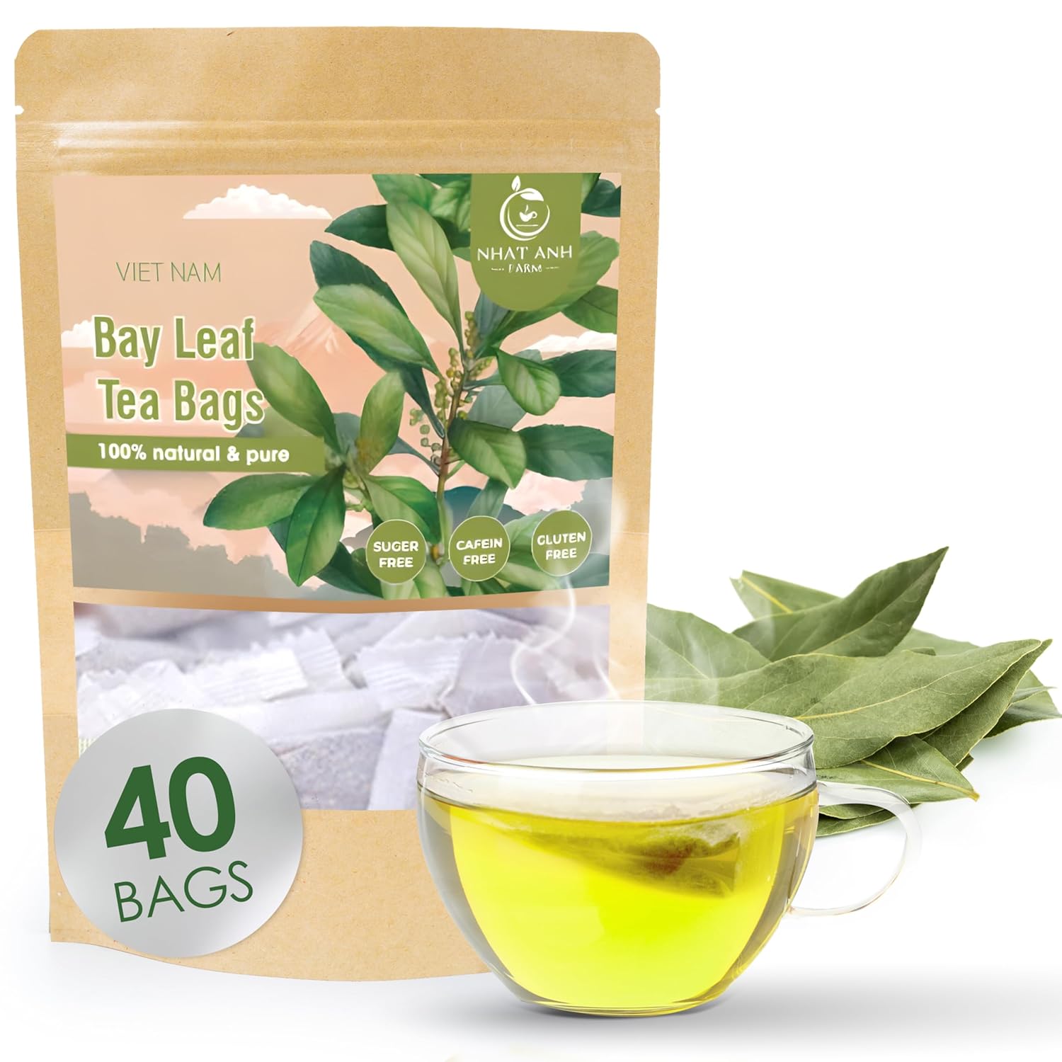 NHAT ANH FARM - Premium Bay Leaf Tea Bags, 40 Tea Bags, 100% Natural Dried Bay Leaf, Naturally Sweet Herbal Tea, Sugar-Free, Caffeine-Free, No Additives.