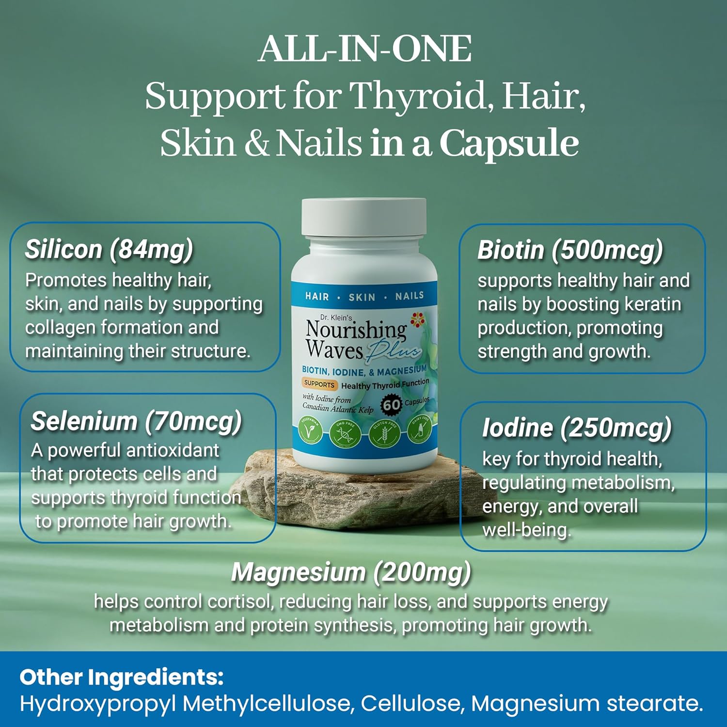 Nourishing Waves Plus - Thyroid Support Supplement with Kelp, Iodine, Selenium & Biotin - Vitamin B Complex (B1, B3, B6) for Healthy Hair, Skin & Nails for Men & Women, Prevent Hair Loss - 60 Capsules