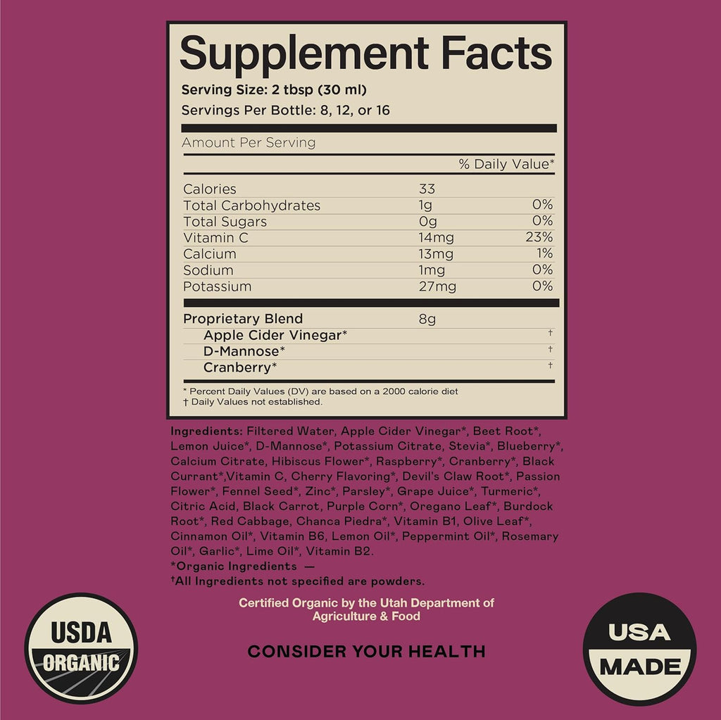 Complete Natural Urinary Tract Complete 12oz - Liquid Supplement for Urinary Tract Health with Organic Cranberry, D-Mannose, Beet Root, Fennel Seed, and Turmeric